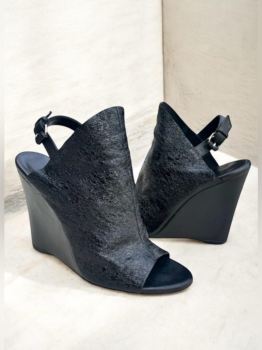 Balenciaga Patent Slingback Wedge Sandals Crinkled Black Leather